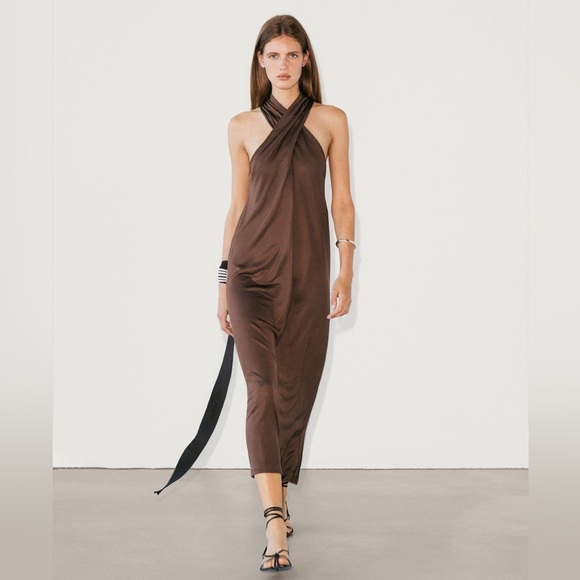 Massimo Dutti Dresses & Skirts - MASSIMO DUTTI BROWN CROSSOVER HALTERNECK MIDI DRESS ✨